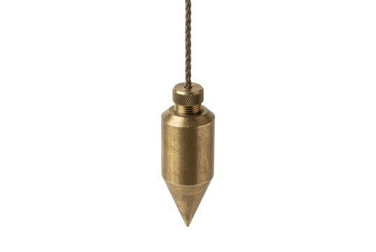 Brass plumb bob hanging on string.