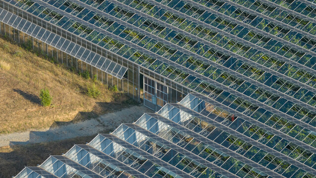 Aerial view of a greenhouse entrance featuring photovoltaic-covered roofs and structural engineering in Saulce-sur-Rhone, Auvergne-Rhone-Alpes, France.