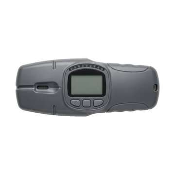 Handheld digital electronic measurement device on black background.