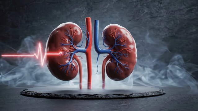 Realistic 3D model of human kidneys with blood vessels and heartbeat visualization, surrounded by smoke on a dark textured background