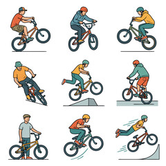 Fototapeta premium BMX Bicycle Tricks Collection – Cute Cartoon Rider Action Character Vector Icon Set