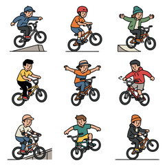 Fototapeta premium BMX Bicycle Tricks Collection – Cute Cartoon Rider Action Character Vector Icon Set