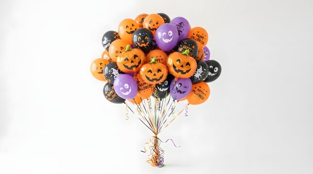 A festive bunch of halloween balloons in orange, black, and purple colors isolated on white background