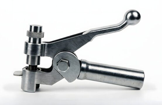 Manual riveter tool in use for metal assembly. Industrial hand tool for fastening and joining materials.