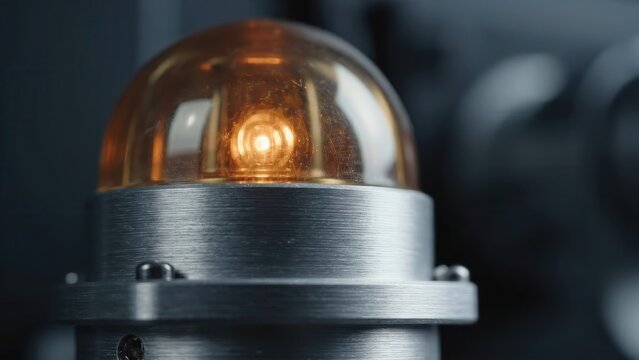 Close-up of illuminated amber warning light on metal base, showcasing gradual brightness increase, with blurred machinery in the background enhancing industrial context