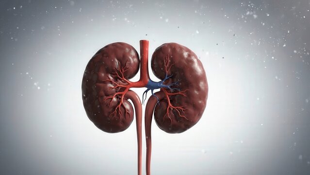 Anatomical model of human kidneys with detailed blood vessels and surrounding tissue, showcasing progressive views of renal structure and connections in a medical illustration