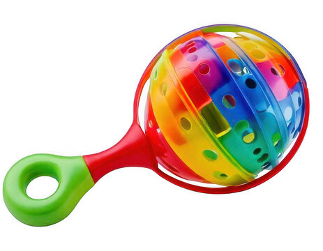 Colorful rainbow baby rattle toy with a round ball and green handle for infants and toddlers isolated on transparent background