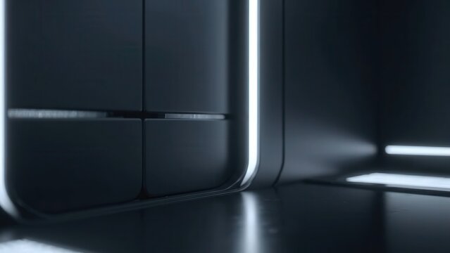 Modern interior of a sleek, futuristic room with illuminated edges and smooth surfaces, showcasing a continuous design flow and spatial depth in a minimalistic environment