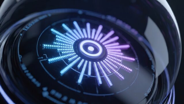 Circular digital display with vibrant blue and purple light patterns transitions through various stages, showcasing dynamic visual effects in a modern technological setting