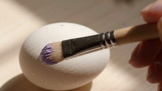 Hand applying purple paint with a brush onto a white egg, showcasing the gradual coverage and texture of the paint in a well-lit indoor setting