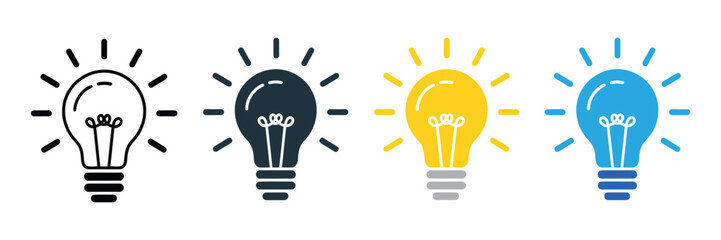 Light bulb icon set, idea, innovation and electric lamp symbols with glowing light, power and creativity concepts, clean vector illustration ©   