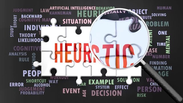 Heuristic under magnifying glass, being researched, studied and examined. Most important subjects and ideas closely related to heuristic written around a puzzle.Can be looped.