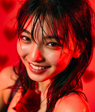Korean woman holding a red rose creates a romantic and elegant visual perfect for Valentine&rsquo;s Day, fashion, or floral-themed.