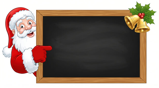 Santa Claus pointing at empty wooden chalkboard with Christmas bells