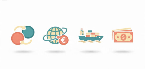 Fototapeta premium Comprehensive vector icon set depicting global trade, international finance, logistics, and currency exchange for modern business concepts and economic transactions