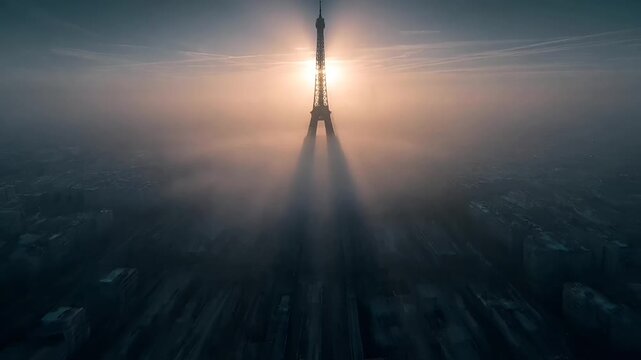 Paris, France, Europe. A highresolution aerial photograph of the Eiffel Tower, a famous landmark in Paris, France. The tower stands majestically against a backdrop of a hazy sky.