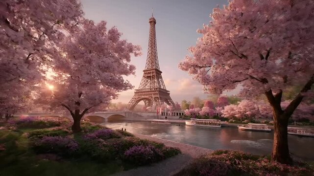Paris, France, Europe. A vivid portrayal of the Eiffel Tower, the iconic landmark in Paris, France, bathed in the warm glow of the setting sun.