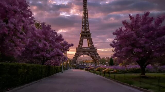 Paris, France, Europe. A vivid portrayal of the Eiffel Tower in Paris, France, bathed in the warm glow of the setting sun.