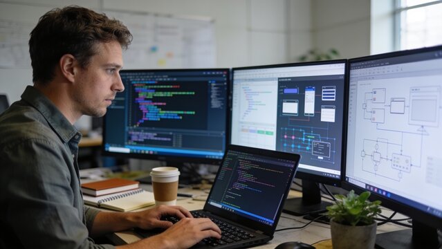 Professional coder analyzing software algorithms while programming on portable computer in modern workspace.