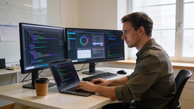 Skilled software developer reviewing algorithms on laptop with desktop monitors displaying programming tools.