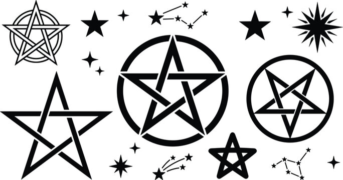 Pentagram Symbol Collection with Wiccan Stars, Occult Icons, Mystic Constellations, Sacred Geometry, and Esoteric Vector Illustration Set