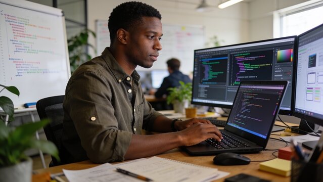 Portrait of developer using laptop to write code sitting at desk with multiple screens parsing algorithm in software agency. Coder working on user interface using portable computer.