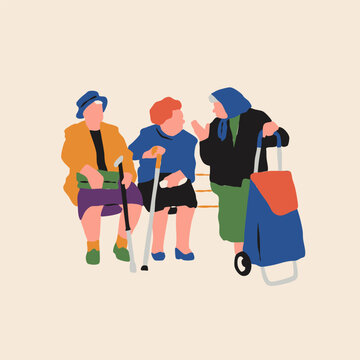Old women sit on bench. People having conversation, spending time together. Friends, grandparents, retirement, gossip concept. Hand drawn Vector illustration. Isolated design element