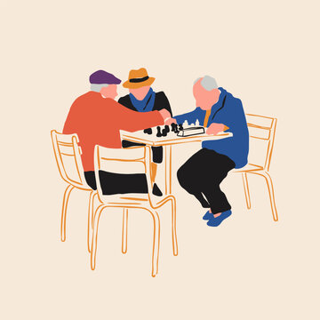 Old people playing chess, having conversation, spending time together. Friends, grandparents, retirement, active life concept. Hand drawn Vector illustration. Isolated design element