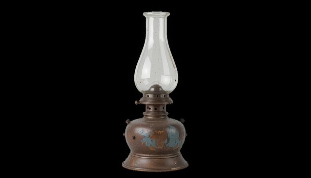 Oil lamp made of aged metal with a clear glass chimney rests against a dark background, representing a vintage source of light often used in historical settings or as a decorative antique piece.