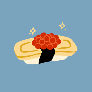 Sweet Japanese egg omelet Tamago sushi wrapped in seaweed. Delicious Sushi dish. Japan traditional food. Hand drawn trendy Vector illustration. Isolated design element. Sticker, logo, print template