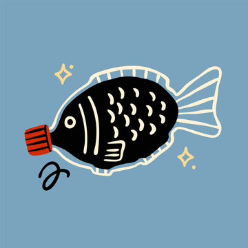 Fish shaped plastic Soy sauce bottle. Traditional Japanese condiment container for sushi bento. Hand drawn trendy Vector illustration. Isolated design element. Sticker, logo, print template