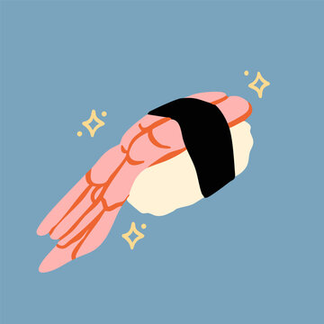 Tasty Japanese shrimp sushi wrapped in seaweed. Delicious Sushi dish. Japan traditional food. Hand drawn trendy Vector illustration. Isolated design element. Sticker, logo, print template