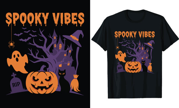 Spooky Vibes Halloween T-shirt Design with Haunted House Pumpkin Ghost Black Cat and Witch Hat Graphic Illustration