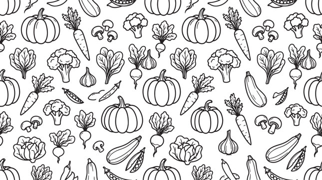 Hand drawn vegetable pattern with pumpkin carrot broccoli and mushroom elements in a simple line art style