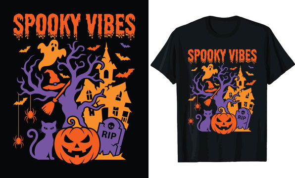 Spooky Vibes Halloween T-shirt Design with Haunted House Ghost Pumpkin Spider Witch Hat and Black Cat Graphic Illustration
