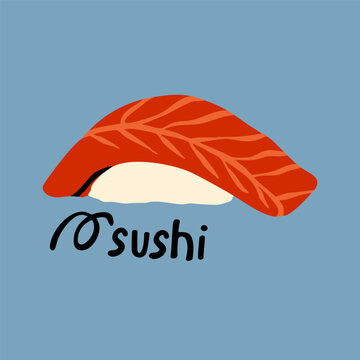 Red fish Salmon Sushi. Delicious sushi dish. Japanese traditional food. Hand drawn trendy Vector illustration. Isolated design element. Sticker, logo, print template