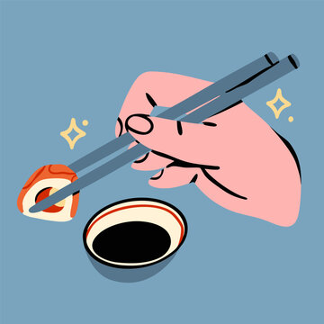 Hand holding chopsticks with sushi roll, soy sauce plate. Delicious Sushi dish. Japan traditional food. Hand drawn trendy Vector illustration. Isolated design element. Sticker, logo, print template