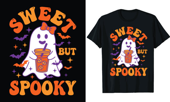 Sweet But Spooky Halloween T-shirt Design, Cute Ghost Wearing a Bow with Iced Coffee and Bats Illustration.