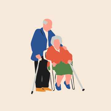 Senior couple. Old man stands near woman that sits on chair, spending time together. Friends, grandparents, retirement, active life concept. Hand drawn Vector illustration. Isolated design element