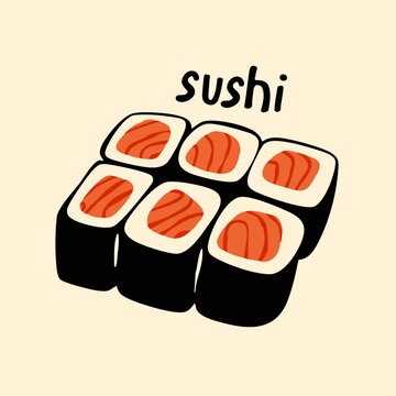 Tasty Japanese Salmon maki wrapped in seaweed. Delicious Sushi dish. Japan traditional food. Hand drawn trendy Vector illustration. Isolated design element. Sticker, logo, print template