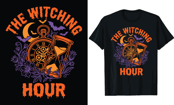 The Witching Hour Halloween T-shirt Design with Vintage Clock Hourglass Moon Bats and Floral Elements Graphic Illustration