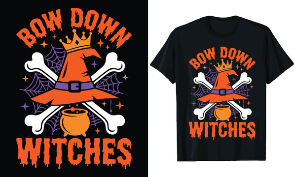 Bow Down Witches Halloween T-shirt Design with Crowned Witch Hat Cauldron Spider Web and Bones Graphic Illustration