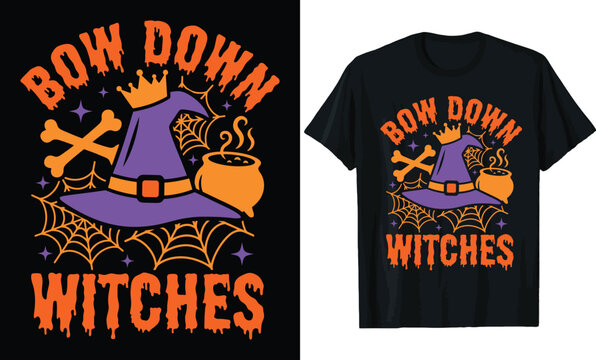 Bow Down Witches Halloween T-shirt Design with Crowned Witch Hat Cauldron Spider Web and Bones Graphic Illustration