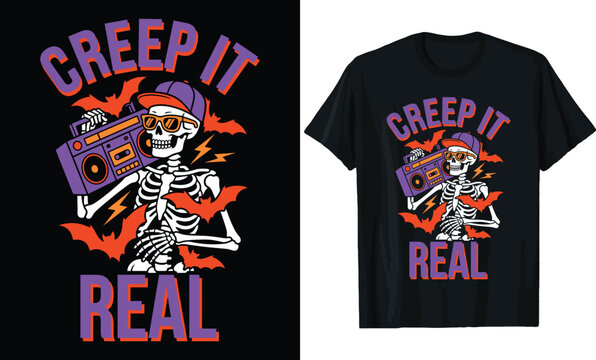 Cool Halloween T shirt Design Creep It Real with Skeleton Wearing Sunglasses Cap and Holding Boombox Illustration