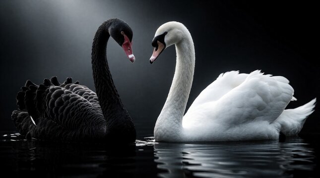 Black swan, white swan float together in calm dark water. Birds form heart shape with long necks. Elegant duo swim on surface facing. Contrast of colors reflects love, unity in nature. Majestic