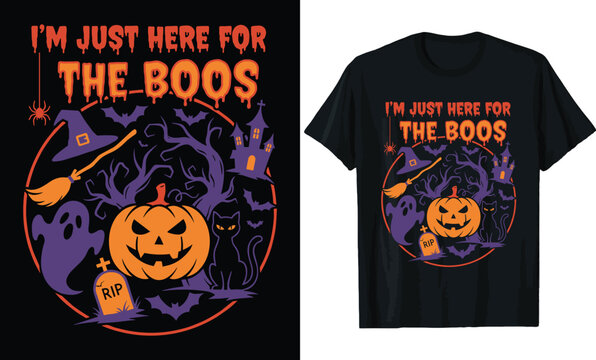 Halloween T-shirt Design with Funny Quote "I'm Just Here For The Boos" Featuring Pumpkin, Ghost, and Witch Hat Illustration