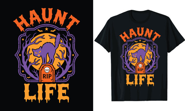 Haunt Life Halloween T-shirt Design, Scared Cat Standing on RIP Tombstone with Full Moon, Trees, and Bats Illustration.