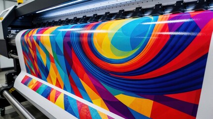 Obraz na płótnie Canvas Industrial large format printer head moves across vinyl material. Machine applies vibrant geometric patterns using ink. Pro equipment makes colorful advertisements, wall graphics in print shop.