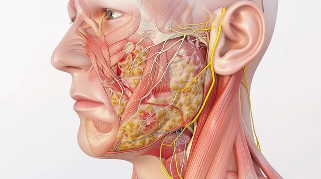 Realistic medical 3D illustration depicting mumps viral infection affecting human parotid salivary glands, swollen cheek and jaw symptoms, contagious viral childhood disease anatomy diagram for medica