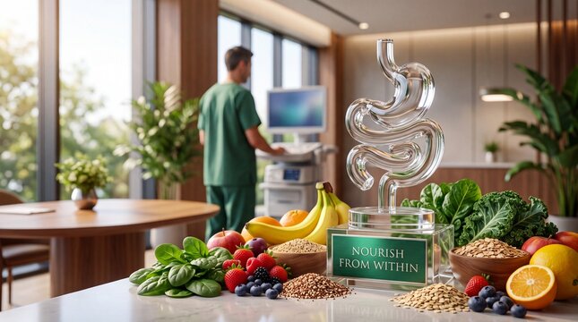 Glass digestive system model surrounded by fresh fruits vegetables and grains on medical office counter